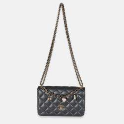Pre Owned Chanel Black Pearly Quilted Lambskin Charms Wallet On Chain