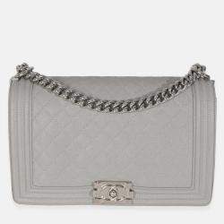 Pre Owned Chanel Grey Quilted Caviar New Medium Boy Bag