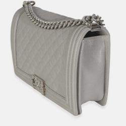 Pre Owned Chanel Grey Quilted Caviar New Medium Boy Bag
