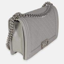 Pre Owned Chanel Grey Quilted Caviar New Medium Boy Bag
