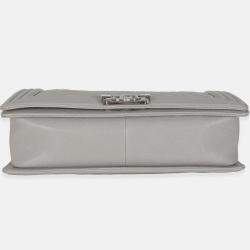 Pre Owned Chanel Grey Quilted Caviar New Medium Boy Bag