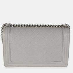 Pre Owned Chanel Grey Quilted Caviar New Medium Boy Bag