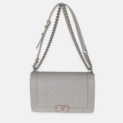 Pre Owned Chanel Grey Quilted Caviar New Medium Boy Bag