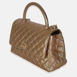 Pre Owned Chanel Bronze Metallic Quilted Caviar Small Coco Handle Flap