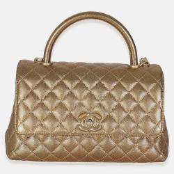 Pre Owned Chanel Bronze Metallic Quilted Caviar Small Coco Handle Flap