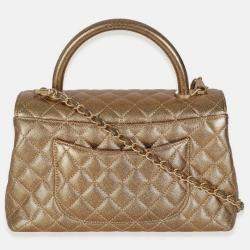 Pre Owned Chanel Bronze Metallic Quilted Caviar Small Coco Handle Flap