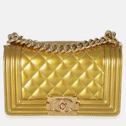 Pre Owned Chanel Gold Metallic Patent Calfskin Quilted Small Boy Bag