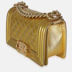 Pre Owned Chanel Gold Metallic Patent Calfskin Quilted Small Boy Bag