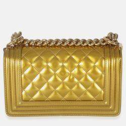 Pre Owned Chanel Gold Metallic Patent Calfskin Quilted Small Boy Bag