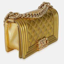 Pre Owned Chanel Gold Metallic Patent Calfskin Quilted Small Boy Bag