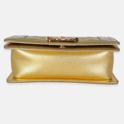 Pre Owned Chanel Gold Metallic Patent Calfskin Quilted Small Boy Bag