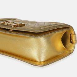 Pre Owned Chanel Gold Metallic Patent Calfskin Quilted Small Boy Bag