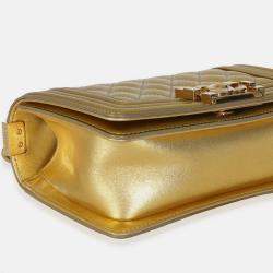 Pre Owned Chanel Gold Metallic Patent Calfskin Quilted Small Boy Bag
