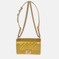 Pre Owned Chanel Gold Metallic Patent Calfskin Quilted Small Boy Bag