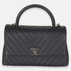 Pre Owned Chanel Grey Caviar Chevron Medium Coco Top Handle Bag