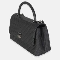 Pre Owned Chanel Grey Caviar Chevron Medium Coco Top Handle Bag