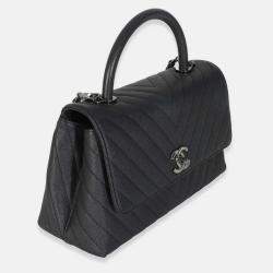 Pre Owned Chanel Grey Caviar Chevron Medium Coco Top Handle Bag