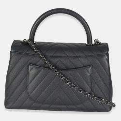Pre Owned Chanel Grey Caviar Chevron Medium Coco Top Handle Bag