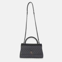 Pre Owned Chanel Grey Caviar Chevron Medium Coco Top Handle Bag