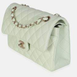 Pre Owned Chanel Light Green Quilted Caviar Small Classic Double Flap Bag