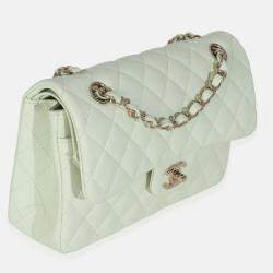 Pre Owned Chanel Light Green Quilted Caviar Small Classic Double Flap Bag
