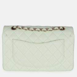Pre Owned Chanel Light Green Quilted Caviar Small Classic Double Flap Bag