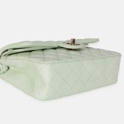 Pre Owned Chanel Light Green Quilted Caviar Small Classic Double Flap Bag