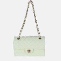 Pre Owned Chanel Light Green Quilted Caviar Small Classic Double Flap Bag