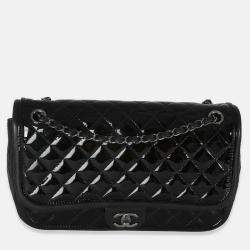 Pre Owned Chanel Black Quilted Patent Classic Jumbo Twist Flap Bag
