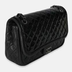 Pre Owned Chanel Black Quilted Patent Classic Jumbo Twist Flap Bag