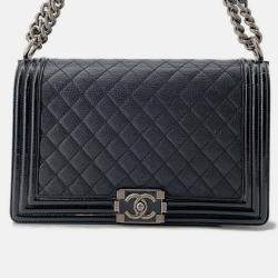 Pre Owned Chanel Boy Large Black Lambskin Matelasse Coco Mark Chain Shoulder Bag