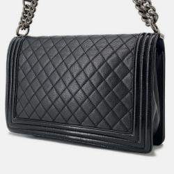 Pre Owned Chanel Boy Large Black Lambskin Matelasse Coco Mark Chain Shoulder Bag