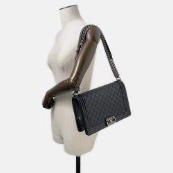 Pre Owned Chanel Boy Large Black Lambskin Matelasse Coco Mark Chain Shoulder Bag