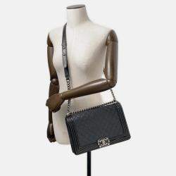 Pre Owned Chanel Boy Large Black Lambskin Matelasse Coco Mark Chain Shoulder Bag