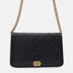 Pre Owned Chanel Boy Matelasse Coco Mark Black Calf Leather Chain Wallet Shoulder Bag