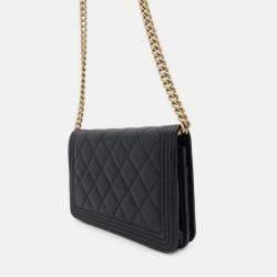 Pre Owned Chanel Boy Matelasse Coco Mark Black Calf Leather Chain Wallet Shoulder Bag