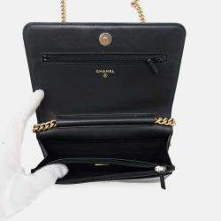 Pre Owned Chanel Boy Matelasse Coco Mark Black Calf Leather Chain Wallet Shoulder Bag