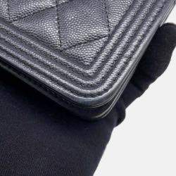 Pre Owned Chanel Boy Matelasse Coco Mark Black Calf Leather Chain Wallet Shoulder Bag
