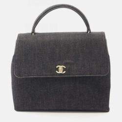 Pre Owned Chanel Coco Mark Gray Denim Handbag 