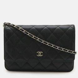 Pre Owned Chanel Matelasse Chain Wallet Shoulder Bag Pochette In Black Caviar Leather