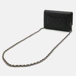 Pre Owned Chanel Matelasse Chain Wallet Shoulder Bag Pochette In Black Caviar Leather