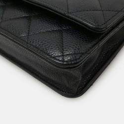 Pre Owned Chanel Matelasse Chain Wallet Shoulder Bag Pochette In Black Caviar Leather