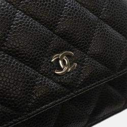 Pre Owned Chanel Matelasse Chain Wallet Shoulder Bag Pochette In Black Caviar Leather