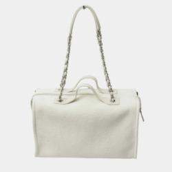 Pre Owned Chanel Deauville White Canvas Leather Boston Shoulder Bag 