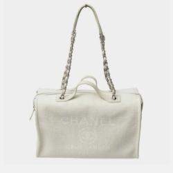 Pre Owned Chanel Deauville White Canvas Leather Boston Shoulder Bag 