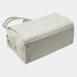 Pre Owned Chanel Deauville White Canvas Leather Boston Shoulder Bag 