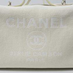 Pre Owned Chanel Deauville White Canvas Leather Boston Shoulder Bag 