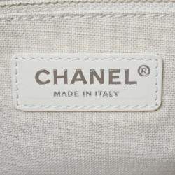 Pre Owned Chanel Deauville White Canvas Leather Boston Shoulder Bag 