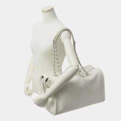Pre Owned Chanel Deauville White Canvas Leather Boston Shoulder Bag 