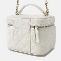 Pre Owned Chanel Chain Shoulder Bag Matelasse Coco Mark Vanity Case Small White